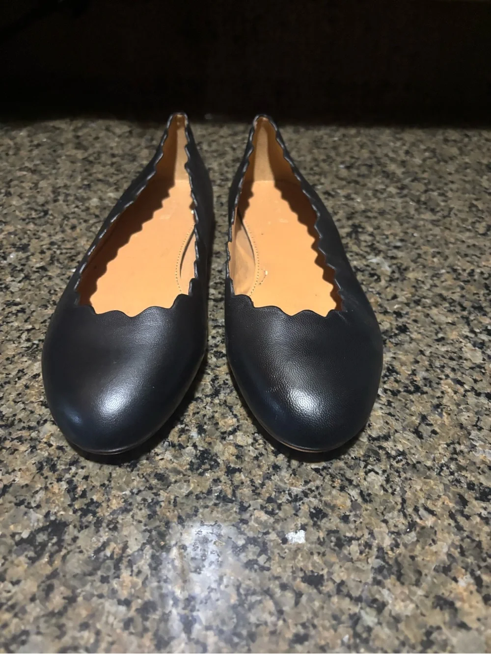 J. Crew Black Scalloped-Trim Leather Ballet Flats